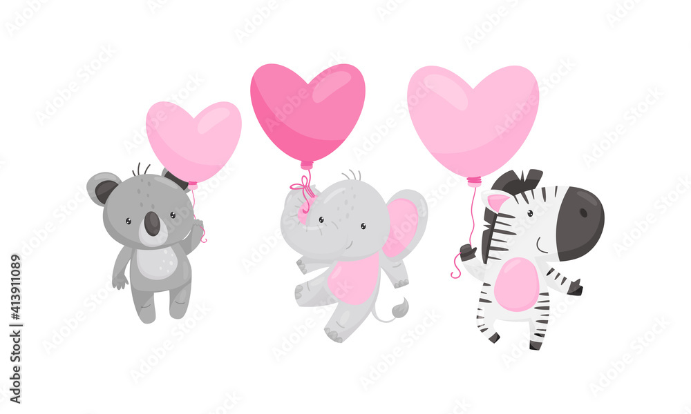 Cute Animals Holding Pink Heart Shaped Toy Balloon Vector Set