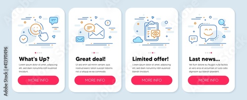Set of Business icons, such as New mail, Eye checklist, Smile symbols. Mobile screen mockup banners. Smile face line icons. Received e-mail, Optometry, Positive feedback. Chat. New mail icons. Vector