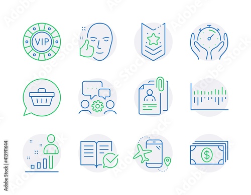 Business icons set. Included icon as Timer, Interview documents, Flights application signs. Shopping cart, Column diagram, Engineering team symbols. Shoulder strap, Approved documentation. Vector