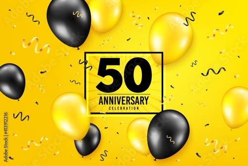 50 years anniversary. Anniversary birthday balloon confetti background. Fifty years celebrating icon. Celebrate yellow banner. Birthday party balloon background. Age in a frame box. Vector