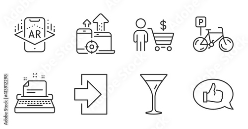 Augmented reality, Login and Seo devices line icons set. Buyer, Bicycle parking and Feedback signs. Typewriter, Martini glass symbols. Phone simulation, Sign in, Mobile stats. Business set. Vector