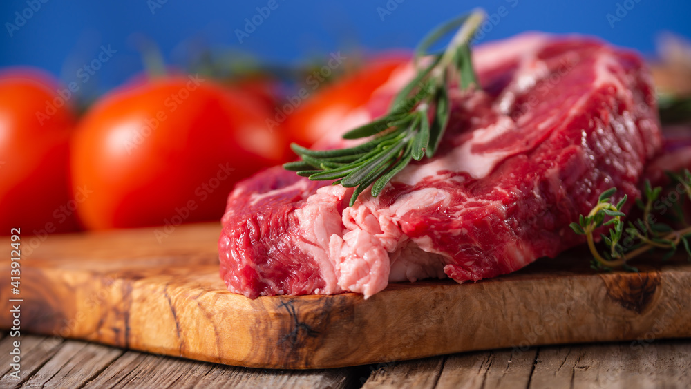 Fresh Slice Beef Steak Rosemary Ingredients Background Sale and Trade Meat Meat Markets