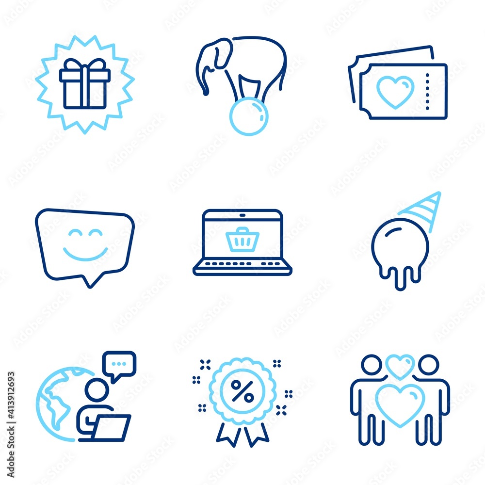 Holidays icons set. Included icon as Love tickets, Ice cream, Online shopping signs. Love couple, Discount, Smile face symbols. Elephant on ball, Surprise gift line icons. Line icons set. Vector Holidays icons set. Included icon as Love tickets, Ice cream, Online shopping signs. Love couple, Discount, Smile face symbols. Elephant on ball, Surprise gift line icons. Line icons set. Vector