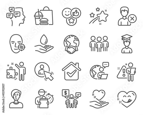 People icons set. Included icon as Group, Strategy, Global business signs. Remove account, Student, Messages symbols. Teamwork, Like, Problem skin. Hold heart, Yummy smile, Water care. Vector