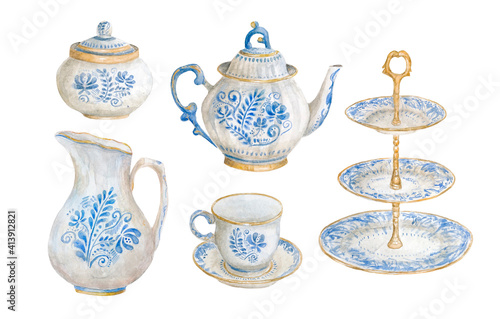 A set of ceramic dishes. Watercolor illustration. Dishes for tea drinking. Painted tableware. Blue patterns of plants. Drawn cup, teapot, sugar bowl, jug. A set of openwork dishes. Serving stand.