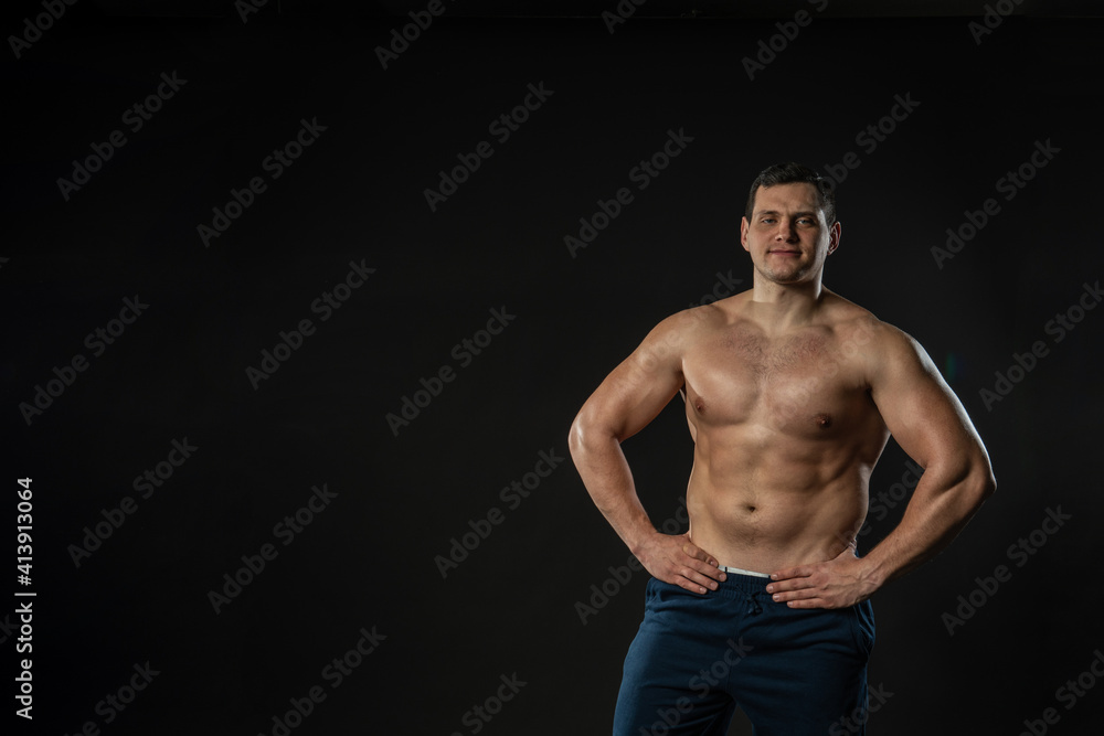 Man hands on waist bare torso Young male adult fashion, torso Happiness content, elegance background black bodybuilder