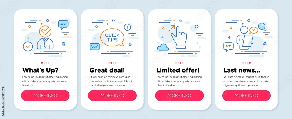 Set of Business icons, such as Touchscreen gesture, Vacancy, Quickstart guide symbols. Mobile screen app banners. Customer survey line icons. Swipe, Businessman concept, Helpful tricks. Vector
