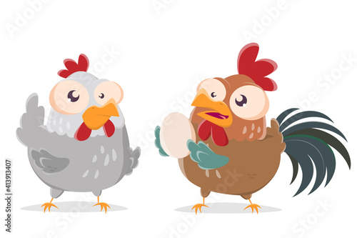 funny cartoon illustration of a rooster giving an egg to a chicken