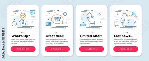 Set of Business icons, such as Touchscreen gesture, Vacancy, Quickstart guide symbols. Mobile screen app banners. Customer survey line icons. Swipe, Businessman concept, Helpful tricks. Vector