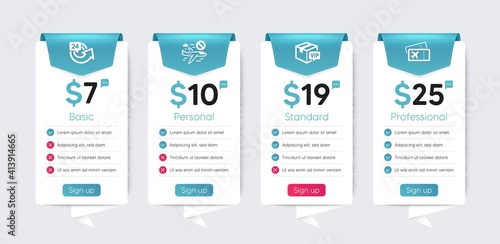Included icon as Vip parcel, 24 hours, Cancel flight signs. Price table template, business plan chart. Transportation icons set. Boarding pass flat icons. Vector
