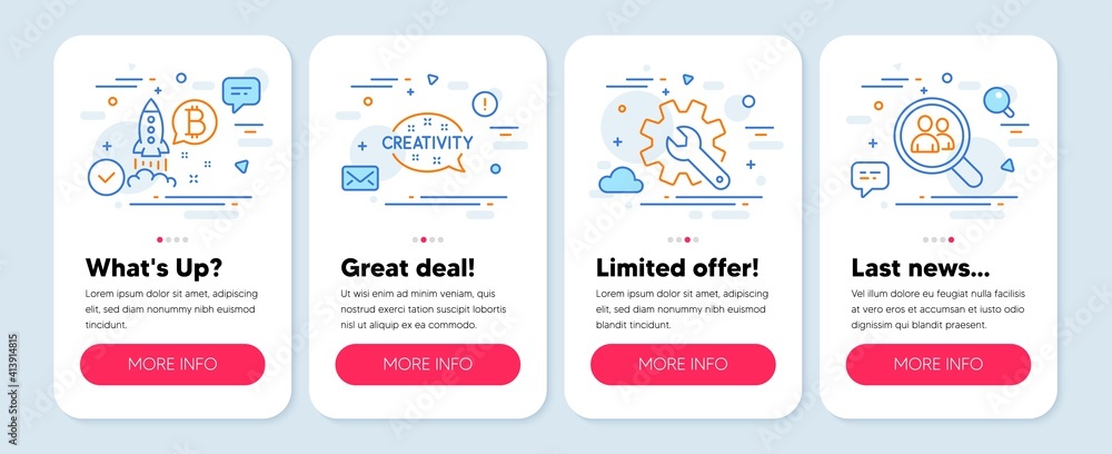 Set of Business icons, such as Creativity, Bitcoin project, Customisation symbols. Mobile screen app banners. Search employees line icons. Inspiration, Cryptocurrency startup, Settings. Vector