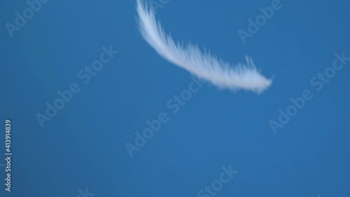 Slow falling of white feathers against a blue sky photo