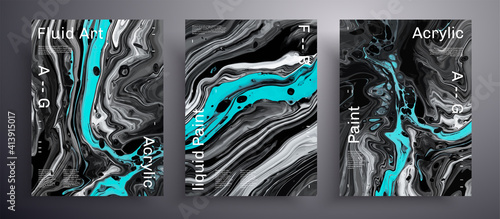 Abstract vector banner, texture pack of fluid art covers. Trendy background that applicable for design cover, poster, brochure and etc. Black, white and aquamarine unusual creative surface template