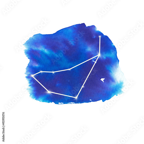 Capricorn sign. Watercolor constellation of Capricorn zodiac sign. Celestial art. Space watercolor clipart. Blue abstract splashes and stars. Horoscope. Celestial. Astrology.