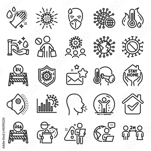 Coronavirus line icons. Medical protective mask, washing hands hygiene, eu shut borders. Stay home, safe distance, coronavirus epidemic mask icons. Covid-19 virus pandemic, usa close borders. Vector