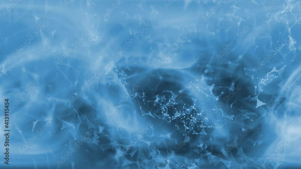 Conceptual modern futuristic copy space geometric abstract net with dots and triangle shapes on a bright blue cyberspace background with white volumetric lights. Seamless looping.