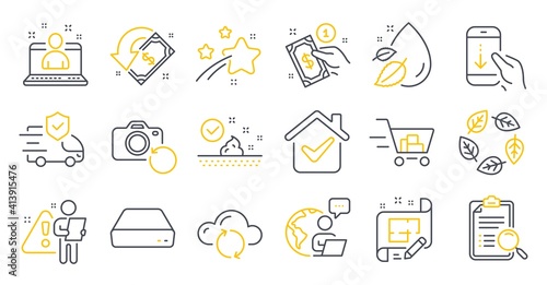 Set of Business icons, such as Transport insurance, Recovery photo, Cloud sync symbols. Best manager, Payment method, Architect plan signs. Mini pc, Organic tested, Scroll down. Water drop. Vector