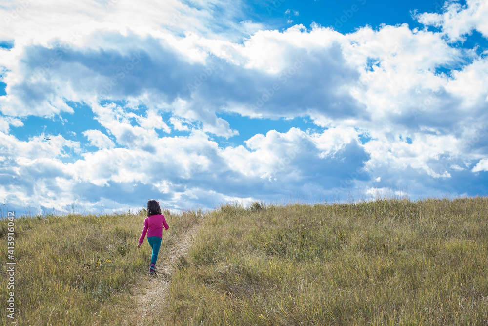 Rear view of girl walking on grassy field against cloudy sky Rear view of girl walking on grassy field against cloudy sky