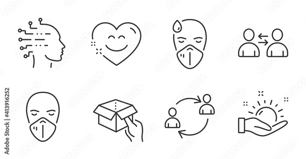 User communication, Medical mask and Hold box line icons set. Sick man, Sunny weather and Smile chat signs. Artificial intelligence, Communication symbols. Quality line icons. Vector User communication, Medical mask and Hold box line icons set. Sick man, Sunny weather and Smile chat signs. Artificial intelligence, Communication symbols. Quality line icons. Vector