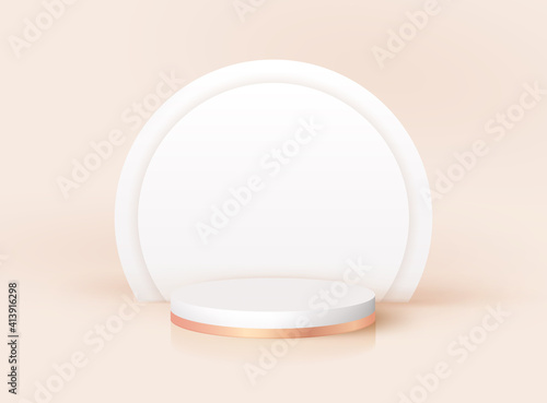 Modern 3d podium with art deco arc. Minimal vector pedestal platform for product cosmetic