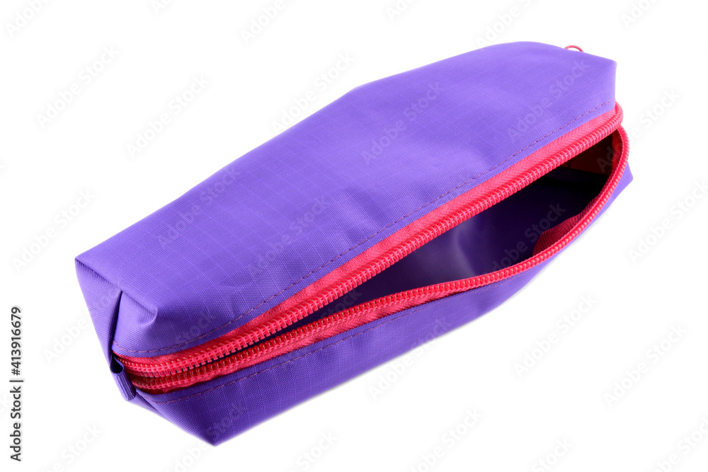 Open pencil case for stationery on a white background. Open pencil case for stationery on a white background.