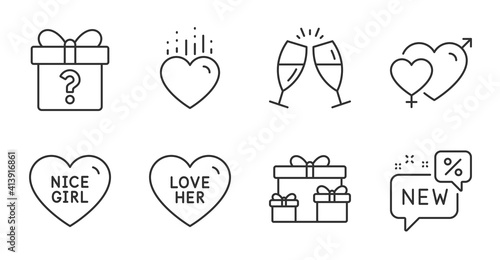 Heart, Love her and Nice girl line icons set. New, Male female and Surprise boxes signs. Secret gift, Champagne glasses symbols. Love, Sweetheart, Discount. Holidays set. Quality line icons. Vector