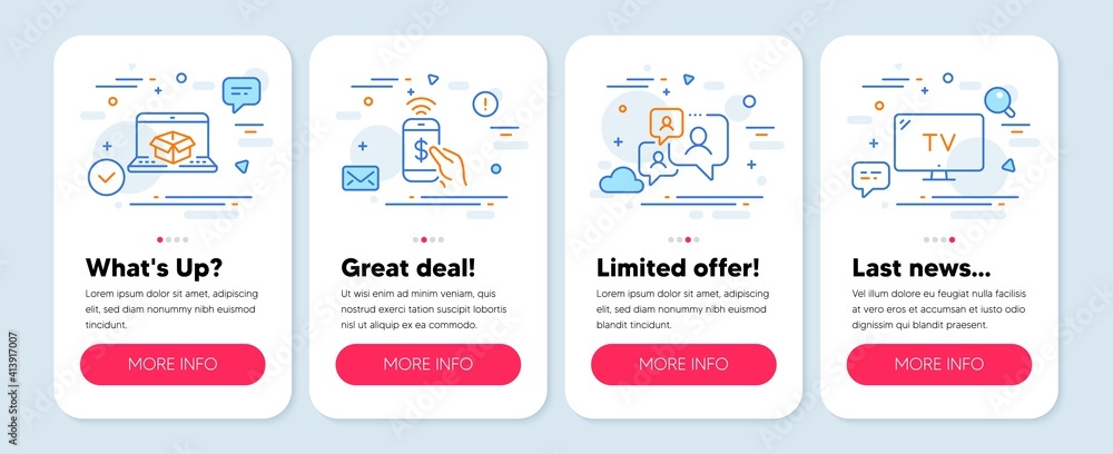 Set of Technology icons, such as Online delivery, Phone payment, Support chat symbols. Mobile screen banners. Tv line icons. Parcel tracking website, Mobile pay, Comment bubble. Television. Vector