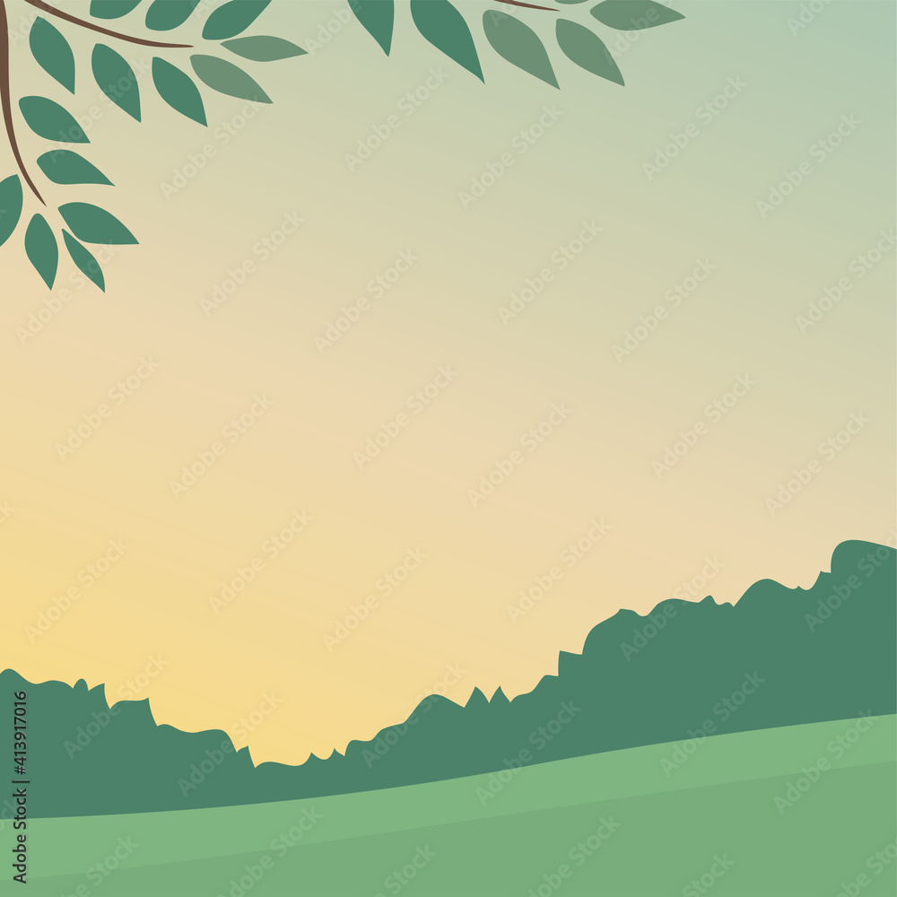 Calm and peaceful summer forest landscape. Green trees and foliage. Morning or evening sky. Vector illustration for background.