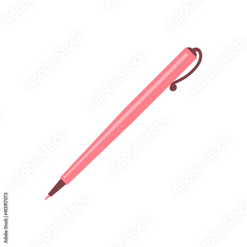 Red writing pen on a white background. A tool for business and education. Vector isolated illustration.