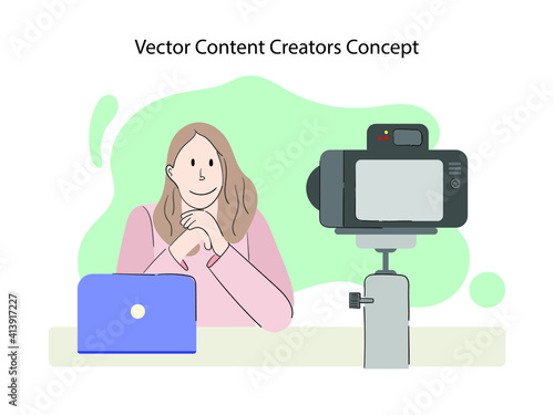 A female blogger create video content, Media creator and freelance Vlogger, Vlog concept - Vector illustration