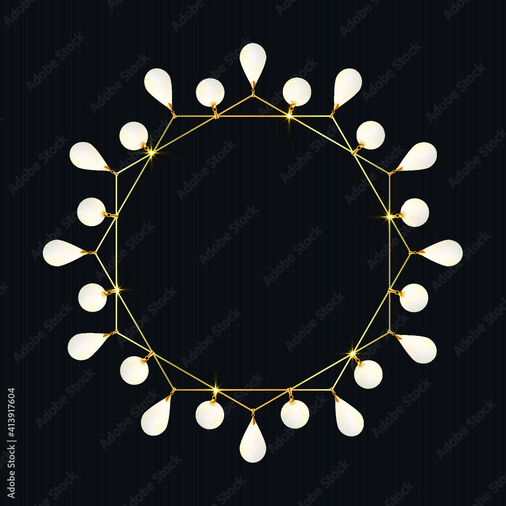 3D vector illustration. Bracelet or necklace with golden chains, jewelry and white pendants on a black background. Creative golden frame. 3D vector illustration. Bracelet or necklace with golden chains, jewelry and white pendants on a black background. Creative golden frame.
