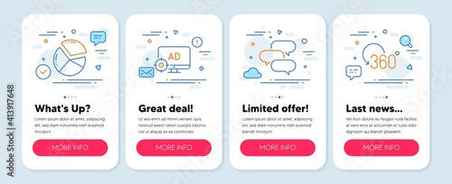 Set of Technology icons, such as Talk bubble, Pie chart, Seo adblock symbols. Mobile screen mockup banners. Full rotation line icons. Chat message, Presentation graph, Search engine. Vector