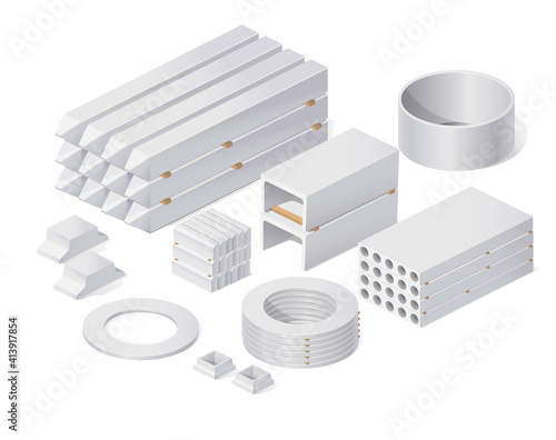 Vector isometric illustration of a concrete structure, reinforced concrete, building materials, concrete rings, piles.