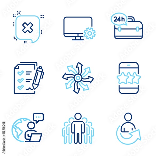 Technology icons set. Included icon as Survey checklist, Reject, 24h service signs. Star, Group, Share symbols. Versatile, Monitor settings line icons. Report, Delete message. Line icons set. Vector