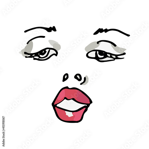 Vector illustration with a woman's face with black and red lips. Hand drawn icon and symbol for print, poster, sticker, card design, invitations to the fashion week, picture for make-up certificate.