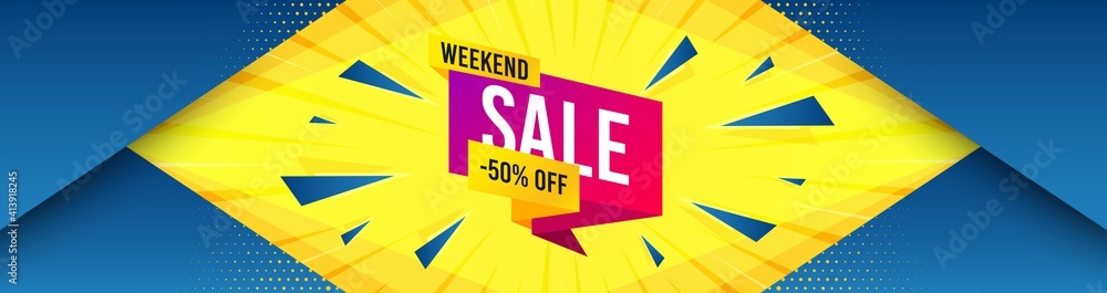 Weekend sale 50 percent off banner. Abstract background with offer message. Discount sticker shape. Hot offer icon. Best advertising coupon banner. Weekend sale badge shape. Vector Weekend sale 50 percent off banner. Abstract background with offer message. Discount sticker shape. Hot offer icon. Best advertising coupon banner. Weekend sale badge shape. Vector