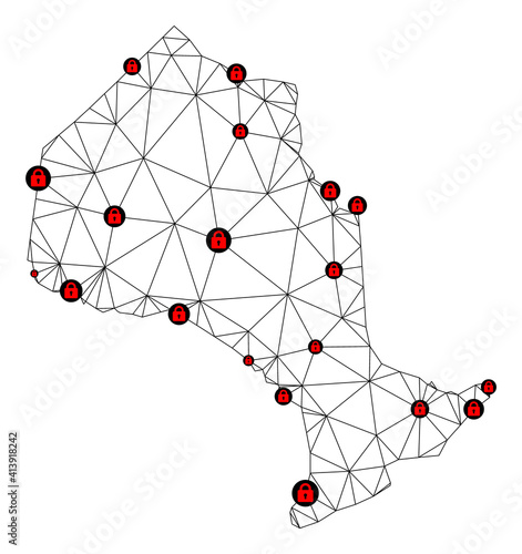 Polygonal mesh lockdown map of Ontario Province. Abstract mesh lines and locks form map of Ontario Province. Vector wire frame 2D polygonal line network in black color with red locks.