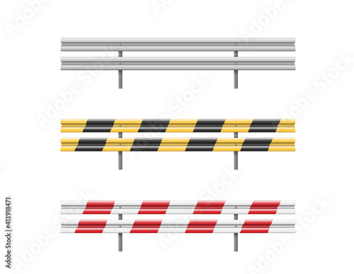 Metal road barriers set. Red, black, yellow and white traffic safety equipment