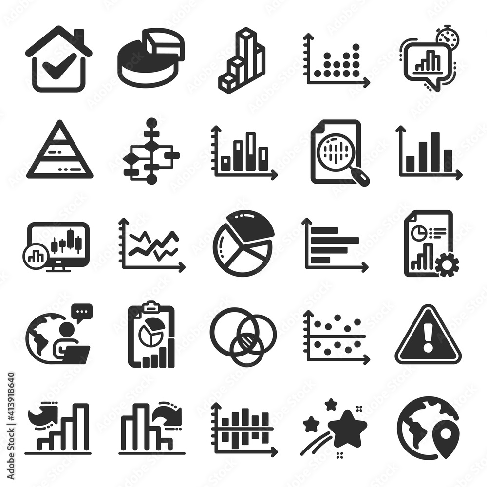 Naklejka premium Charts and Diagrams icons. Report, 3D Chart, Block diagram and Dot Plot graph icons. Trend, Pyramid and Pie chart report symbols. Presentation infochart, process flow diagram. Flat icon set. Vector