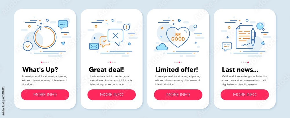 Set of line icons, such as Be good, Loop, Reject symbols. Mobile screen mockup banners. Agreement document line icons. Love sweetheart, Refresh, Delete message. Legal contract. Be good icons. Vector