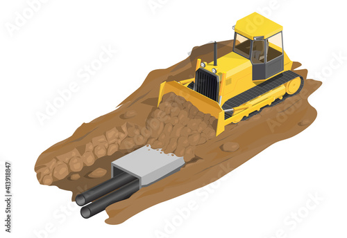 Vector illustration yellow isometric bulldozer. Icon yellow tractor. The dirt is being dug. Bury the pipes. Excavation.