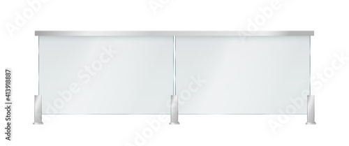 Glass balustrade with metal handrails. Banister or fencing sections with steel pillars