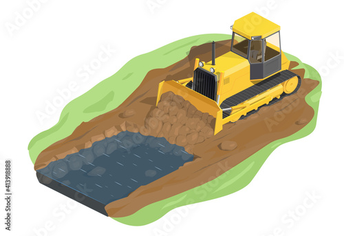 Vector illustration yellow isometric bulldozer. Icon yellow tractor. The dirt is being dug. He buried a pond, a ditch. Excavation.