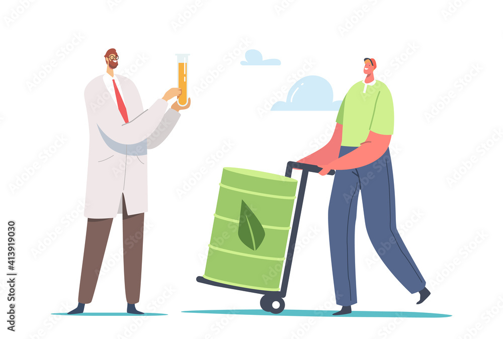 Scientist Chemist Male Character Holding Glass Flask with Liquid Eco Petrol and Fueling Station Worker with Green Barrel Scientist Chemist Male Character Holding Glass Flask with Liquid Eco Petrol and Fueling Station Worker with Green Barrel