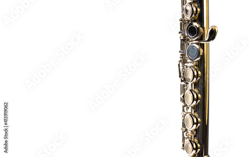 woodwind flute, instrument on a stand on a light background