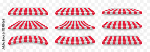 Set of striped awnings different shapes. Red and white sunshade. Shelter for the store. Outdoor tent for shop, market and cafe. Vector illustration.