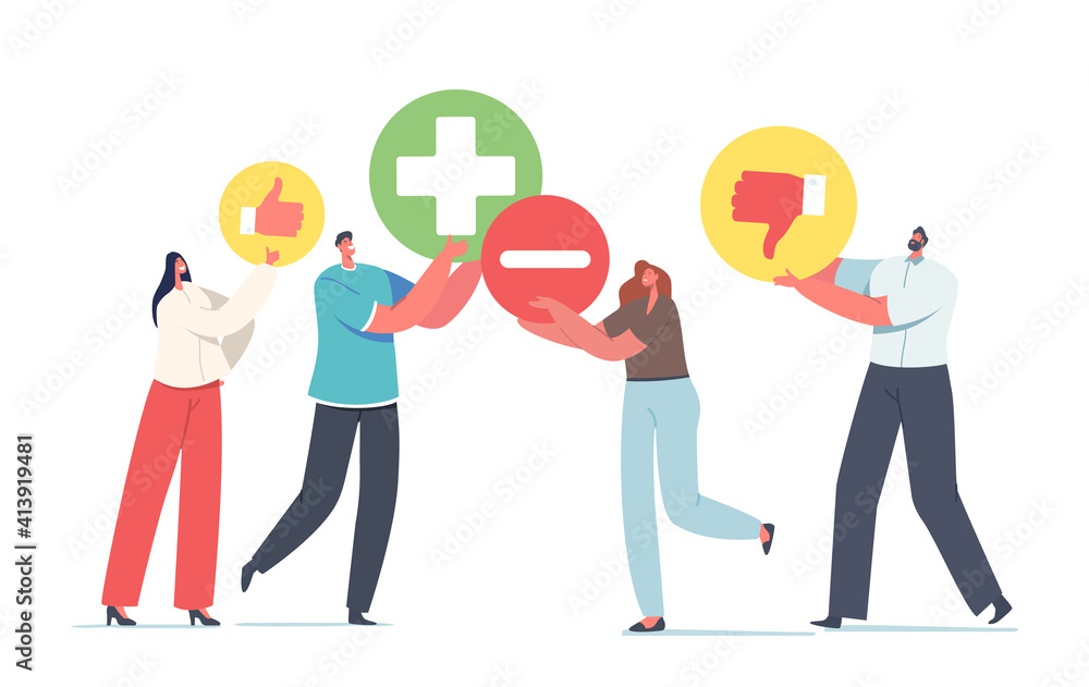 Tiny Male and Female Characters with Huge Plus and Minus Icons, Thumb Up and Down. Men and Women Count Advantages Tiny Male and Female Characters with Huge Plus and Minus Icons, Thumb Up and Down. Men and Women Count Advantages