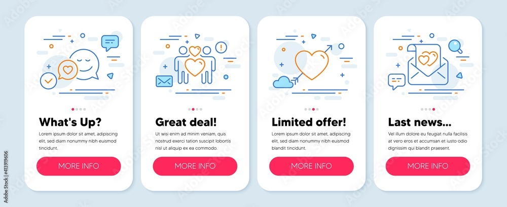 Set of Love icons, such as Love couple, Love, Dating line icons. Mobile app mockup banners. Lovers, Valentines day, Valentine mail. Love couple icons. Mobile screen carousel. Vector