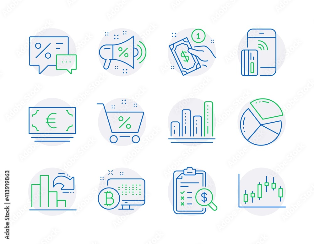 Finance icons set. Included icon as Graph chart, Accounting report, Contactless payment signs. Pie chart, Euro currency, Bitcoin system symbols. Loan percent, Sale megaphone, Discounts. Vector Finance icons set. Included icon as Graph chart, Accounting report, Contactless payment signs. Pie chart, Euro currency, Bitcoin system symbols. Loan percent, Sale megaphone, Discounts. Vector