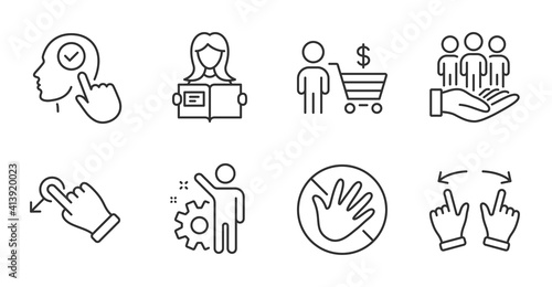 Do not touch, Drag drop and Select user line icons set. Buyer, Best buyers and Employee signs. Move gesture, Woman read symbols. Not allowed, Move, Head with checkbox. People set. Vector